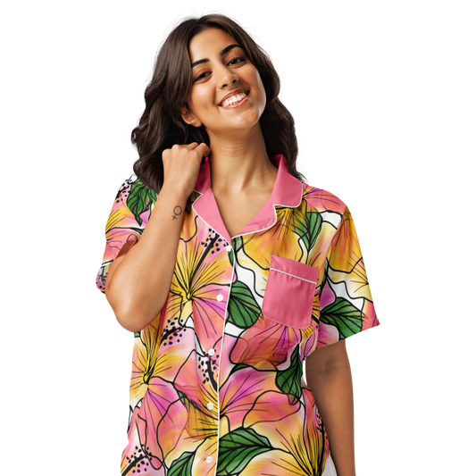 Tropical Hibiscus Satin Pajama Top for Women