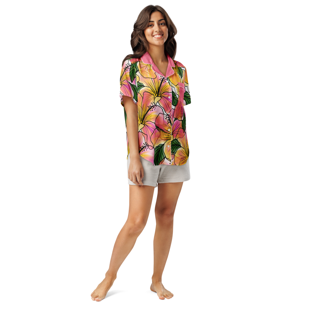 Tropical Hibiscus Satin Pajama Top for Women